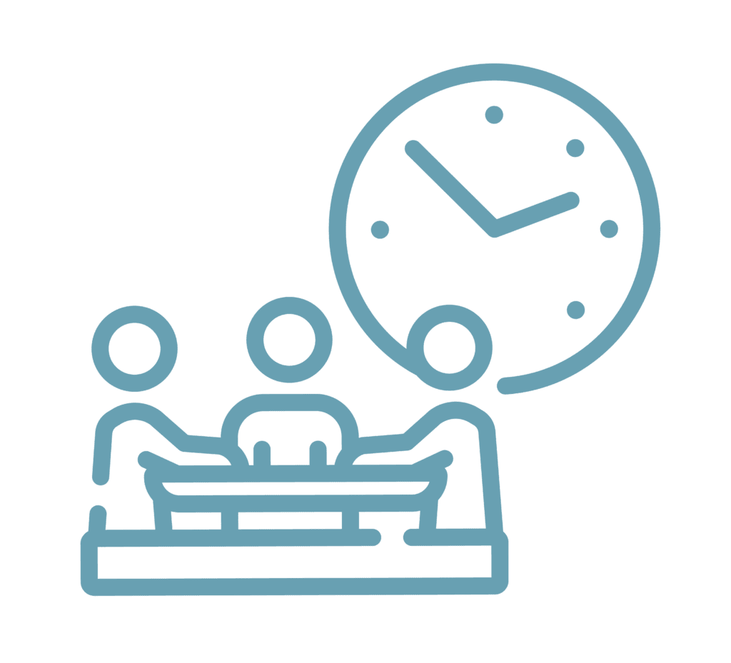 Illustration of people meeting with a clock behind them