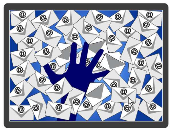 An illustrated hand surrounded by too much work email