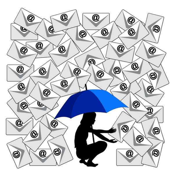illustrated figure of woman holding an umbrella to stop a storm of work emails