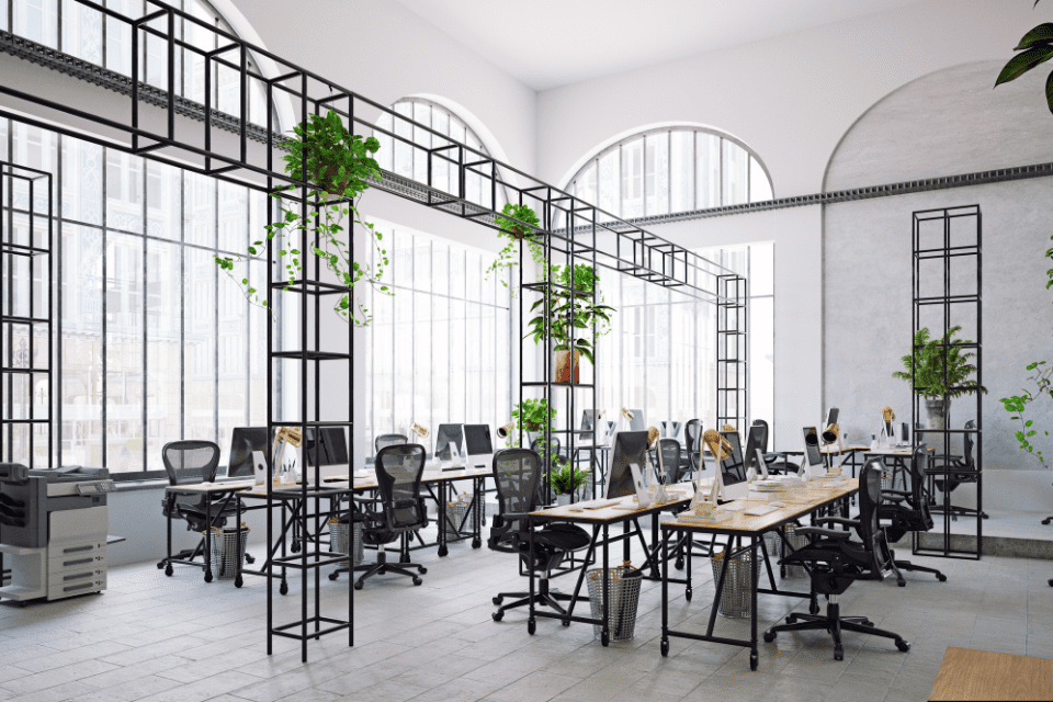 open floor plan office with high ceilings, big windows and plants