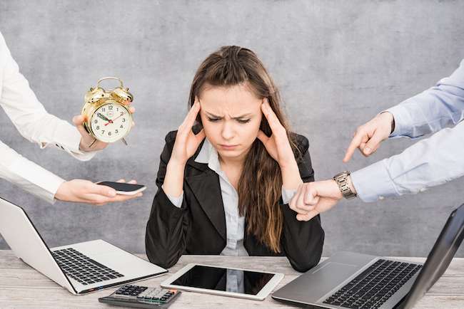 Female office worker is tired of work and exhausted. She has burned down and has depression.