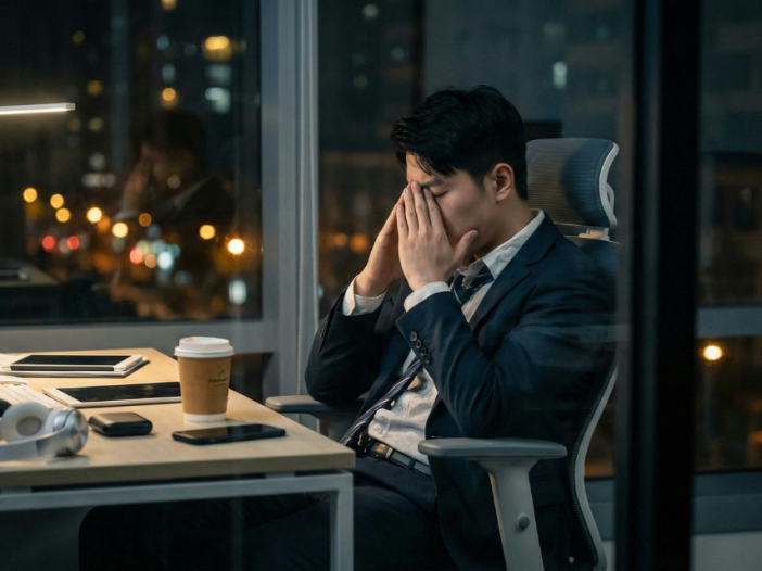 An overwhelmed man working at night with head in hands at desk