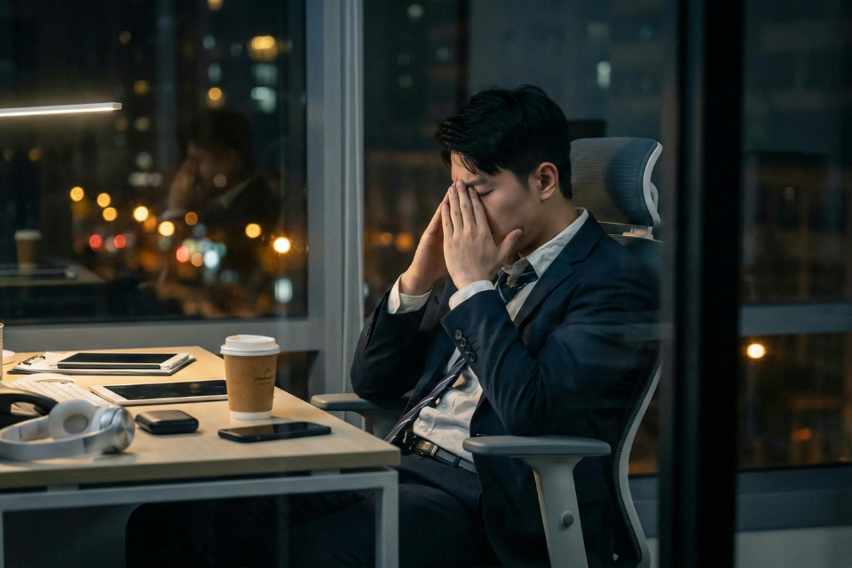 An overwhelmed man working at night with head in hands at desk