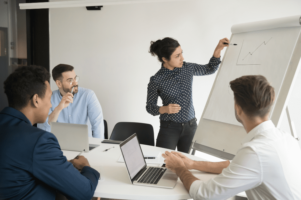 A corporate trainer presents to a team