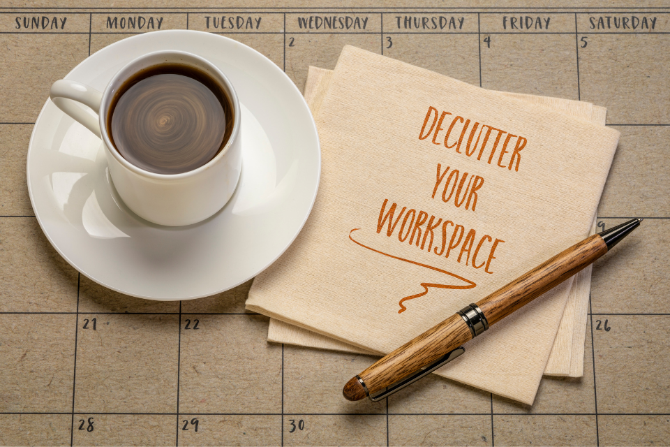 A cup of coffee and a sign that says "Declutter your workspace" rest on top of a calendar