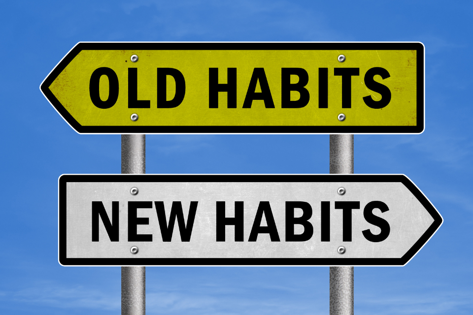 A road sign with an arrow pointed in one direction that says "Old Habits" and an arrow pointed in the other directions that says "New Habits"
