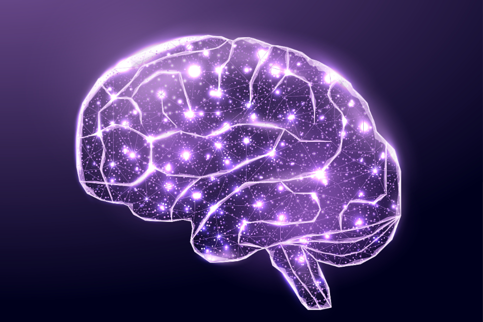 A purple illustration of a brain with lit up neurons