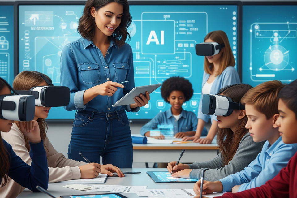 A teacher stands in front of a classroom. Children wear virtual reality headsets