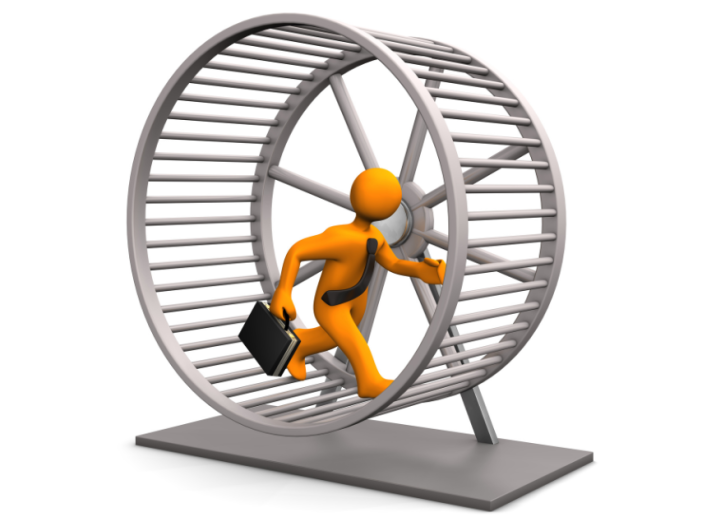 Illustration of man with briefcase walking on hamster wheel