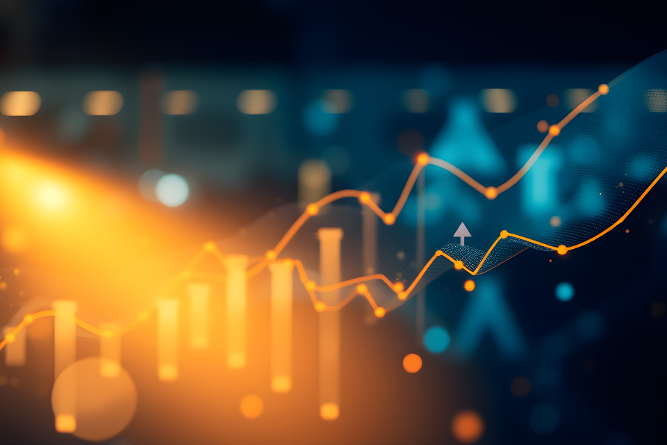 Abstract data chart with rising line graph and glowing bars, symbolizing changing productivity trends in an AI world