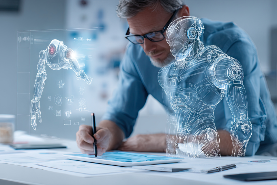 Engineer designing a robot on a digital tablet with holographic robotics, representing AI and the future of work.