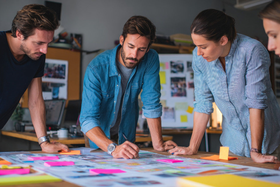 4 workers stand around a white poster board putting on post-it notes