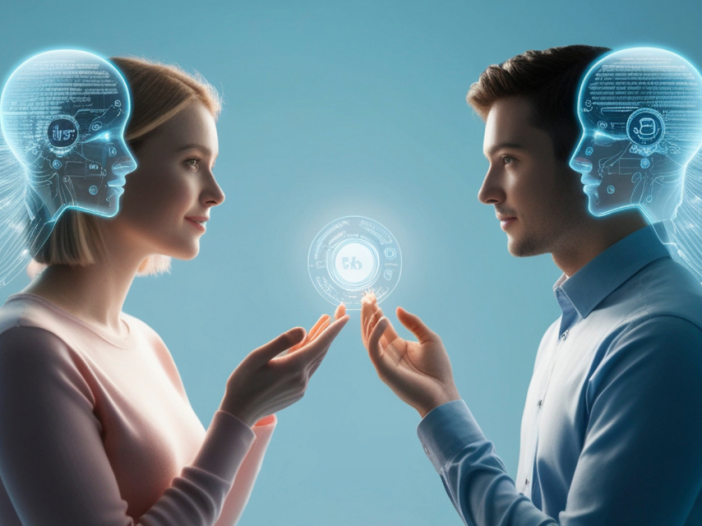 Two professionals collaborating with digital AI avatars behind them, symbolizing AI and the future of work.