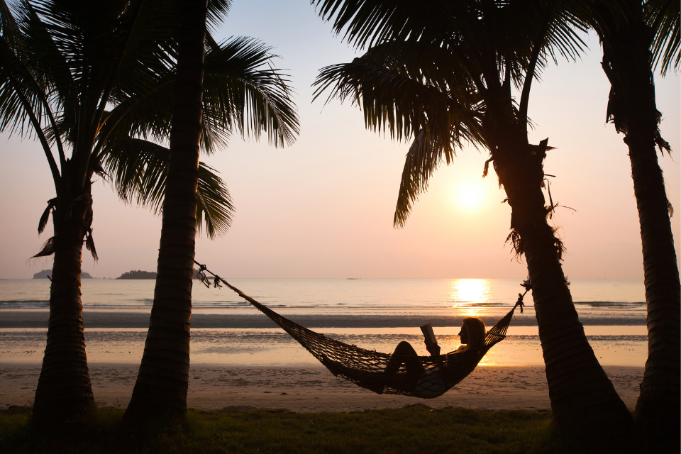 Silhouette of woman reading book on hammock suspended between palm trees. She is fully disconnected from work and reaping the benefits of vacation.