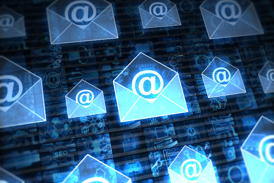Illustration of open envelopes with the @ sign inside them, indicating email.