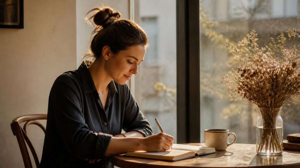 Woman writing in a notebook at a sunlit table with coffee and dried flowers