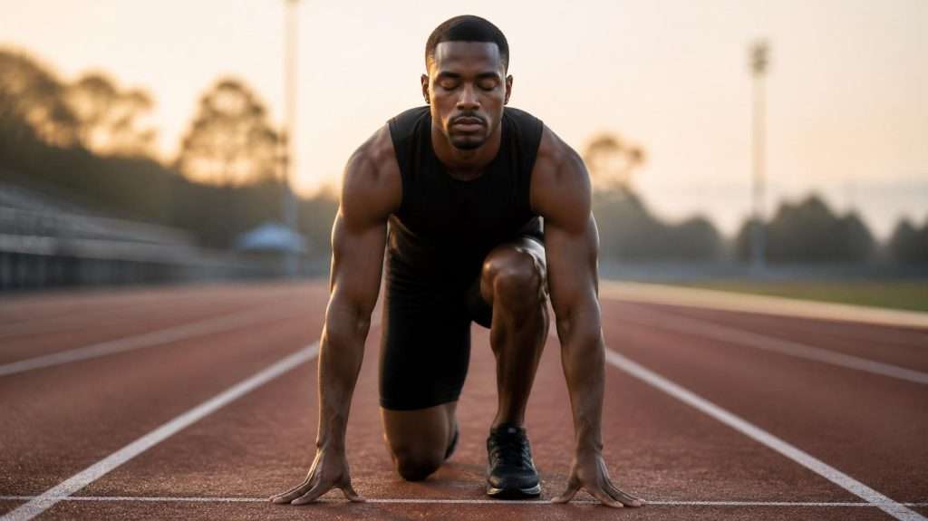 Muscular sprinter crouched at the starting line on an outdoor track at sunrise