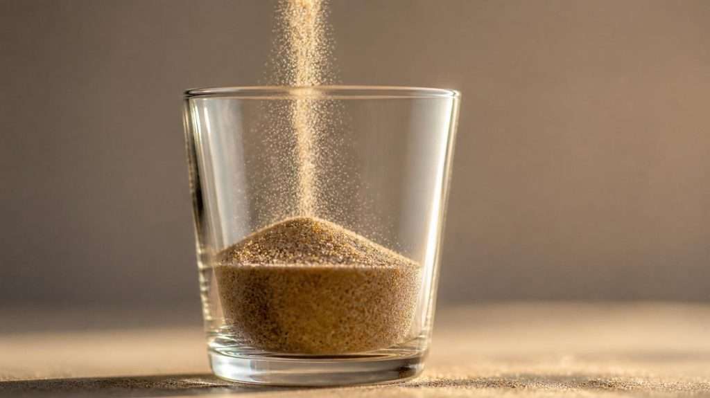 Fine sand pours into a clear glass, forming a mound on a sunlit surface