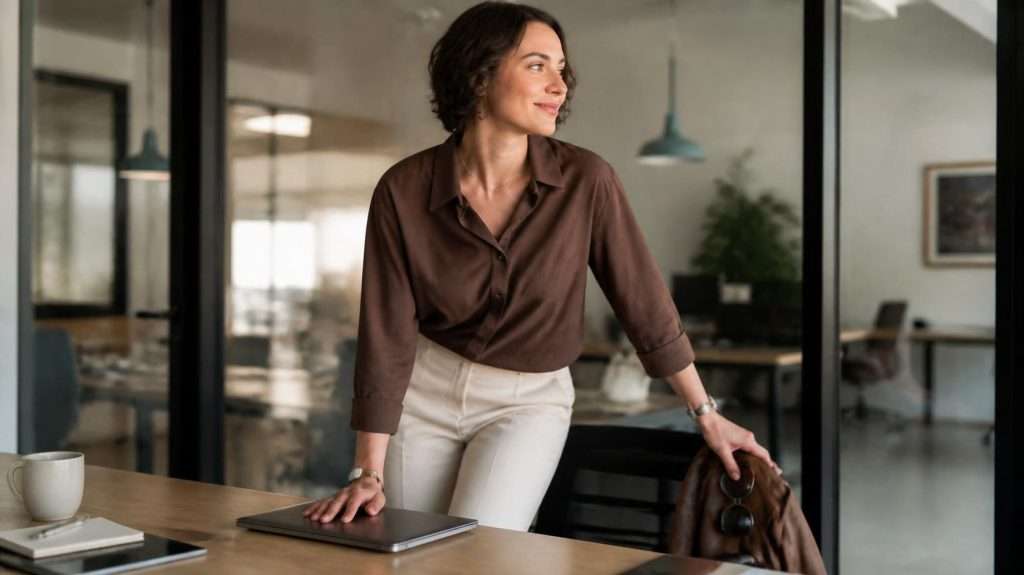 Professional woman standing beside a laptop in a modern office, holding a jacket
