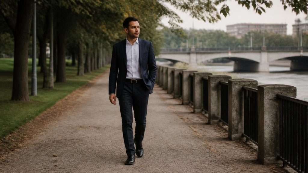 Businessman in a suit walking along a tree-lined riverside promenade beside a historic bridge